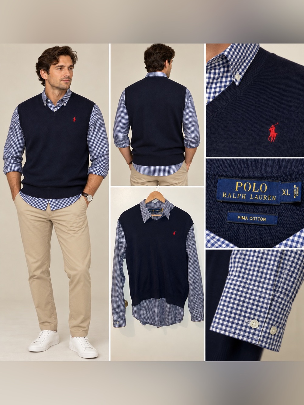 Polo Ralph Lauren Men’s XL Pima Cotton Sweater Vest & Gingham Polo long sleeve